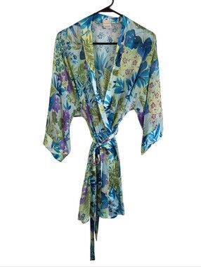 Sophia By Delicates Vintage Blue Green Foral Sheer Robe Size L ~ Pre-Owned Y2K